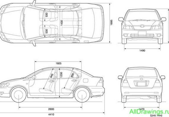 Toyota Corolla (2003) (Тоёта Королла (2003)) - чертежи (рисунки) автомобиля